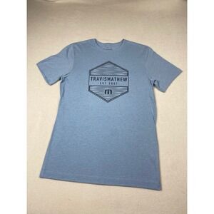 TravisMathew EST 2007 Logo Tee Mens‎ M Blue Graphic Tee Made in Peru Casual Golf
